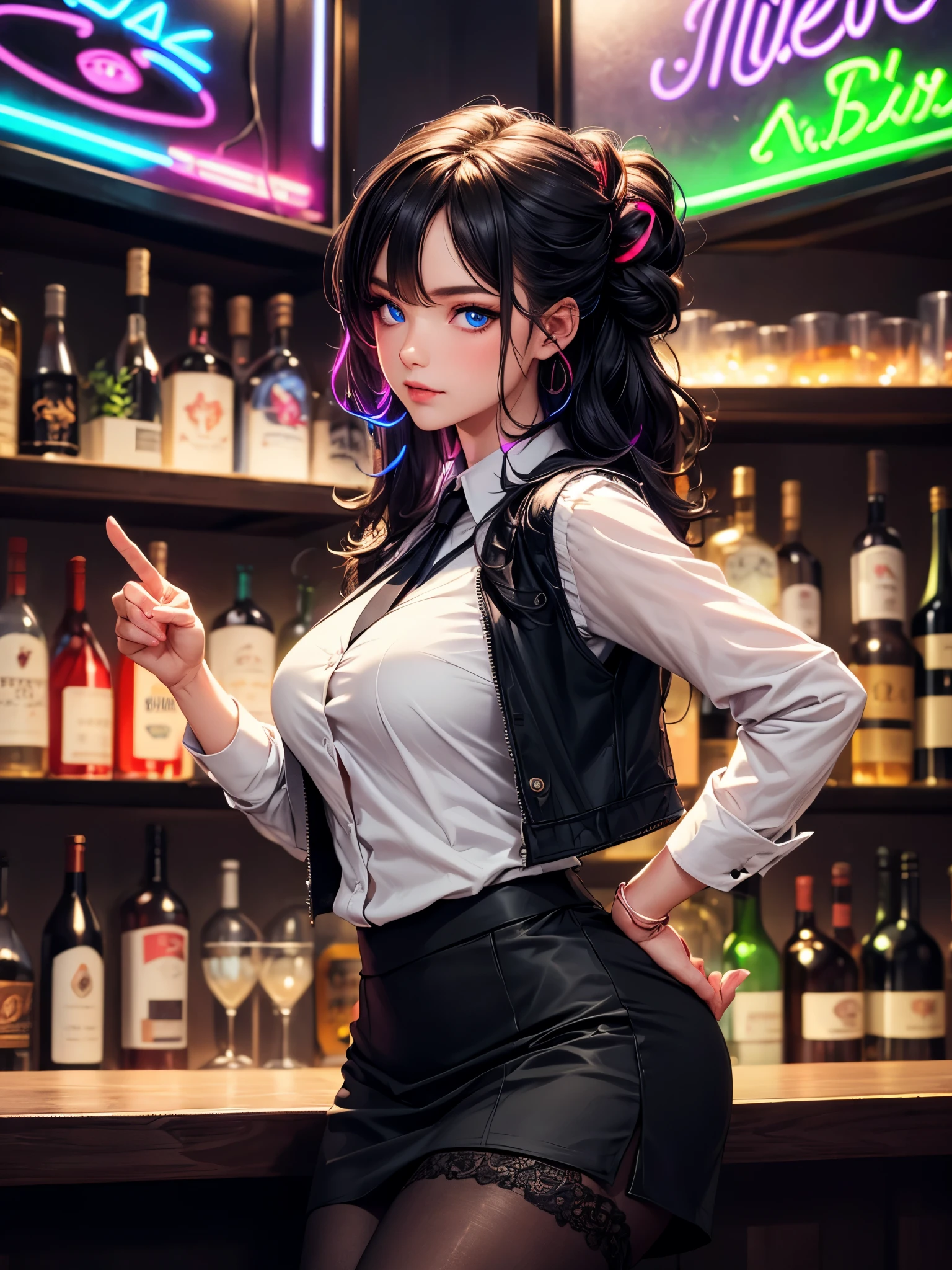 a lady, permanent, bartender, ((Black vest with white shirt) black tie), (black skirt with black lace stockings high heels), Stylish clothing, adult, Sexy, black hair, very long wavy hair, half updo half up half down, shine blue eyes, long upper eyelashes, most detailed eyes, light makeup, seductive expression eyes, (seductive smile:0.8), (Masterpiece best quality:1.2) Exquisite illustrations and super detailed, Medium breast, detailed face, high quality hair, super detailed finger, BREAK, ((Colorful neon lights:1.37) hang on the wall), (Neon tube:1.37), glowing, rest, (Fashion bar:1.2), indoors, ((cocktail glass) Filled with colorful wine), (The room is dimly lit), wine bottle, Art Deco, Detailed background, BREAK, Super textured skin, super detail face, perfect face, Super fine facial details, beautiful and delicate eyes, perfect eyes, correct limbs, (correct finger), super detail finger, best hair quality, best clothing quality, best prop quality, best backgroud detail and quality, anatomically correct, best quality, highres, award winning