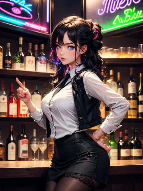 a lady, permanent, bartender, ((Black vest with white shirt) black tie), (black skirt with black lace stockings high heels), Sty...