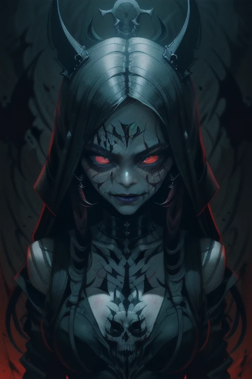 Daughter of death, low dim lighting, dark chamber, smirk, blood on her face, cultist markings,