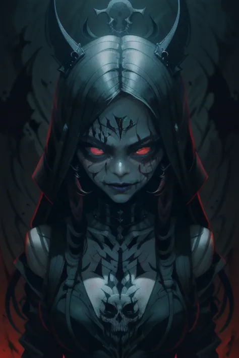 Daughter of death, low dim lighting, dark chamber, smirk, blood on her face, cultist markings,