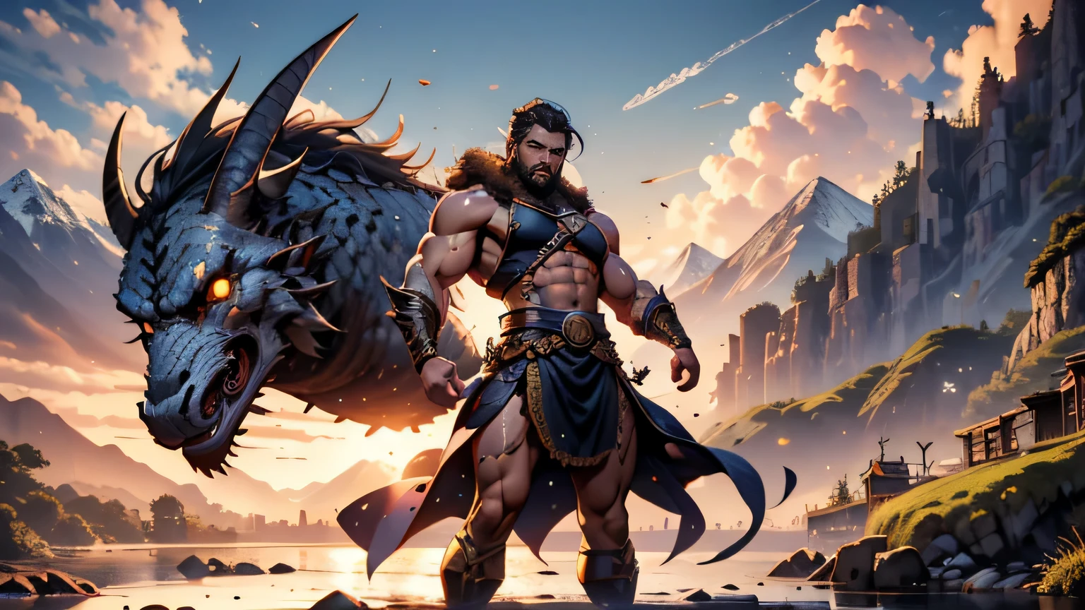 Draw a very strong man， worked muscles, 40, stopped，long  hair, leather and fur boots, Set in the mountains，nordic warrior，serious face，sparkling blue eyes，The man looks confident and determined，looking at the camera，The sun in its golden hour，shooting from below，In the distance you can see a dragon flying