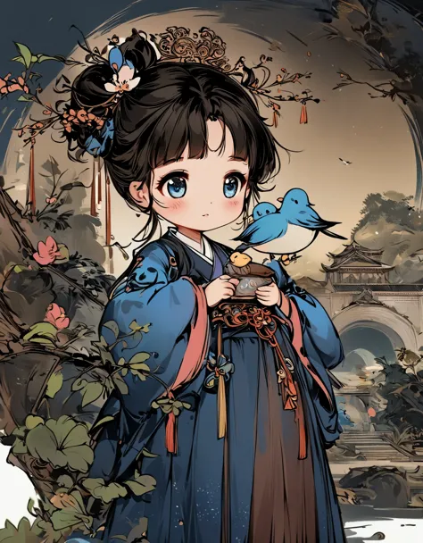 illustration of a girl in a blue coat holding a bird, cute illustration, palace ， A girl wearing Hanfu, Lovely art style, by Qiu...