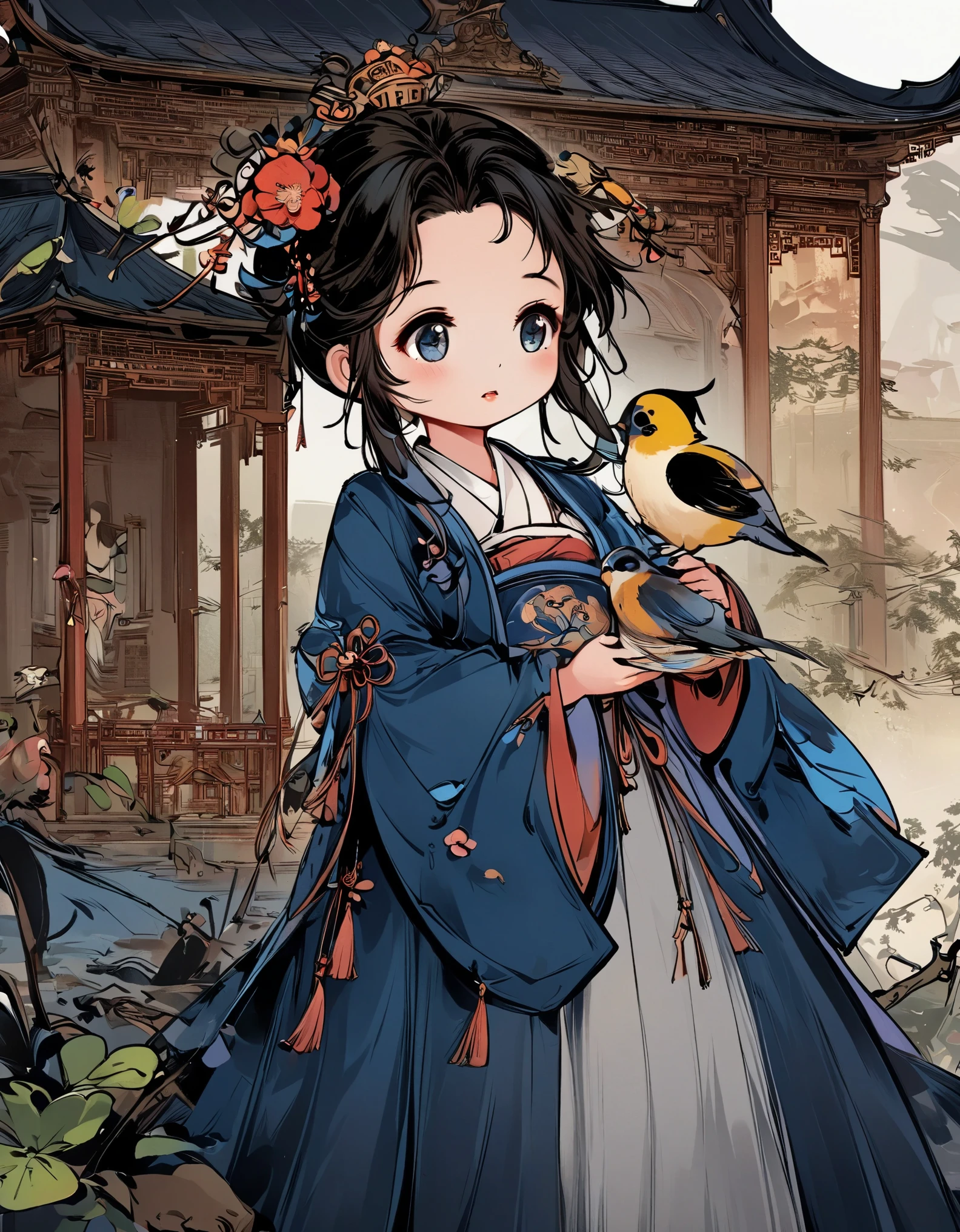 illustration of a girl in a blue coat holding a bird, cute illustration, palace ， A girl wearing Hanfu, Lovely art style, by Qiu Ying, Lovely and detailed digital art, illustration!, a beautiful artwork illustration, by Ye Xin, cute digital art, Inspired by Ma Yuanyu, by Qu Leilei, author：Li Song