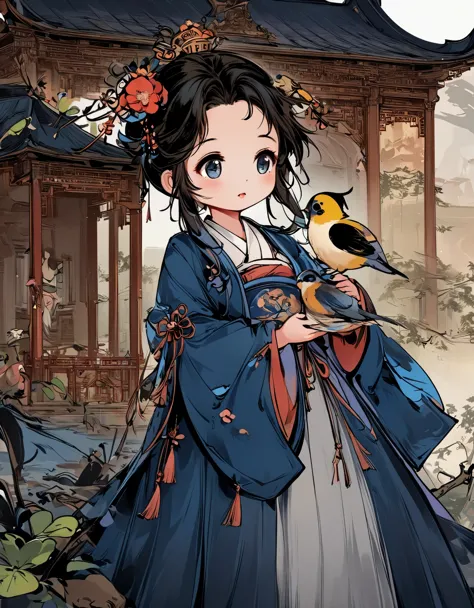 illustration of a girl in a blue coat holding a bird, cute illustration, palace ， A girl wearing Hanfu, Lovely art style, by Qiu Ying, Lovely and detailed digital art, illustration!, a beautiful artwork illustration, by Ye Xin, cute digital art, Inspired b...