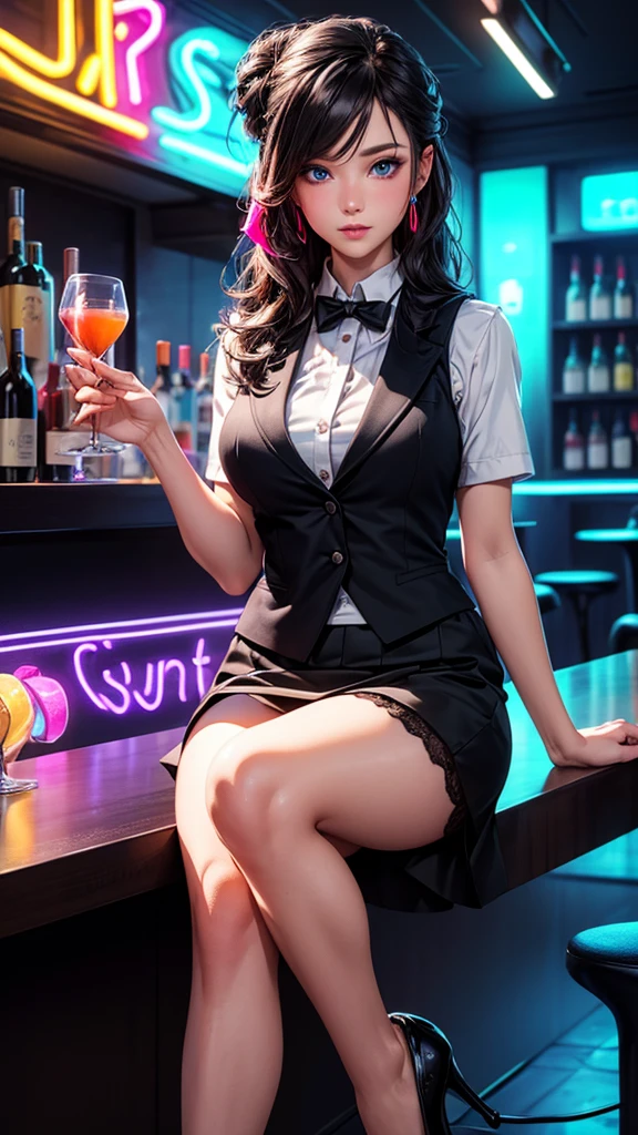 a lady, permanent, bartender, ((Black vest with white shirt) black tie), (black skirt with black lace stockings high heels), Stylish clothing, adult, Sexy, black hair, very long wavy hair, half updo half up half down, shine blue eyes, long upper eyelashes, most detailed eyes, light makeup, seductive expression eyes, (seductive smile:0.8), (Masterpiece best quality:1.2) Exquisite illustrations and super detailed, Medium breast, detailed face, high quality hair, super detailed finger, BREAK, ((Colorful neon lights:1.37) hang on the wall), (Neon tube:1.37), glowing, rest, (Fashion bar:1.2), indoors, ((cocktail glass) Filled with colorful wine), (The room is dimly lit), wine bottle, Art Deco, Detailed background, BREAK, Super textured skin, super detail face, perfect face, Super fine facial details, beautiful and delicate eyes, perfect eyes, correct limbs, (correct finger), super detail finger, best hair quality, best clothing quality, best prop quality, best backgroud detail and quality, anatomically correct, best quality, highres, award winning