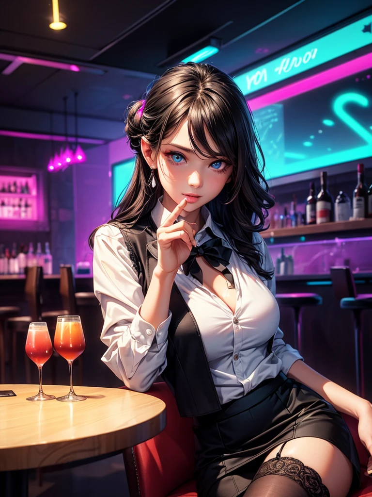 a lady, permanent, bartender, ((Black vest with white shirt) black tie), (black skirt with black lace stockings high heels), Stylish clothing, adult, Sexy, black hair, very long wavy hair, half updo half up half down, shine blue eyes, long upper eyelashes, most detailed eyes, light makeup, seductive expression eyes, (seductive smile:0.8), (Masterpiece best quality:1.2) Exquisite illustrations and super detailed, Medium breast, detailed face, high quality hair, super detailed finger, BREAK, ((Colorful neon lights:1.37) hang on the wall), (Neon tube:1.37), glowing, rest, (Fashion bar:1.2), indoors, ((cocktail glass) Filled with colorful wine), (The room is dimly lit), wine bottle, Art Deco, Detailed background, BREAK, Super textured skin, super detail face, perfect face, Super fine facial details, beautiful and delicate eyes, perfect eyes, correct limbs, (correct finger), super detail finger, best hair quality, best clothing quality, best prop quality, best backgroud detail and quality, anatomically correct, best quality, highres, award winning