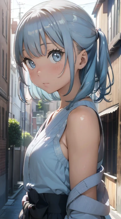 (best quality,4k,8k,highres,masterpiece:1.2),ultra-detailed,(realistic,photorealistic,photo-realistic:1.37),portraits,anime,light blue color palette,soft lighting,beautiful detailed eyes,beautiful detailed lips,extremely detailed eyes and face,long eyelashes,short kimono,exposed arms,exposed back,exposed shoulders,walking,long hair,light blue hair,looking at the viewer,blue eyes