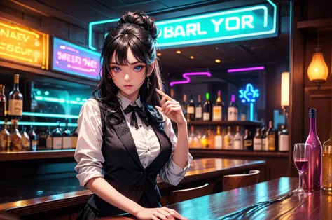 a lady, permanent, bartender, ((Black vest with white shirt) black tie), (black skirt with black lace stockings high heels), Sty...