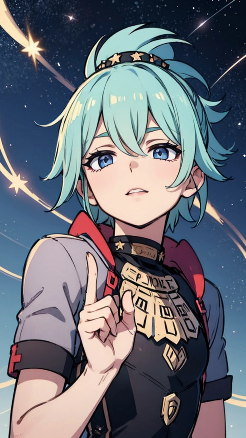 An image of a young and handsome boy with light blue hair gazing up at the starry night sky during winter, with shooting stars streaking across the heavens.