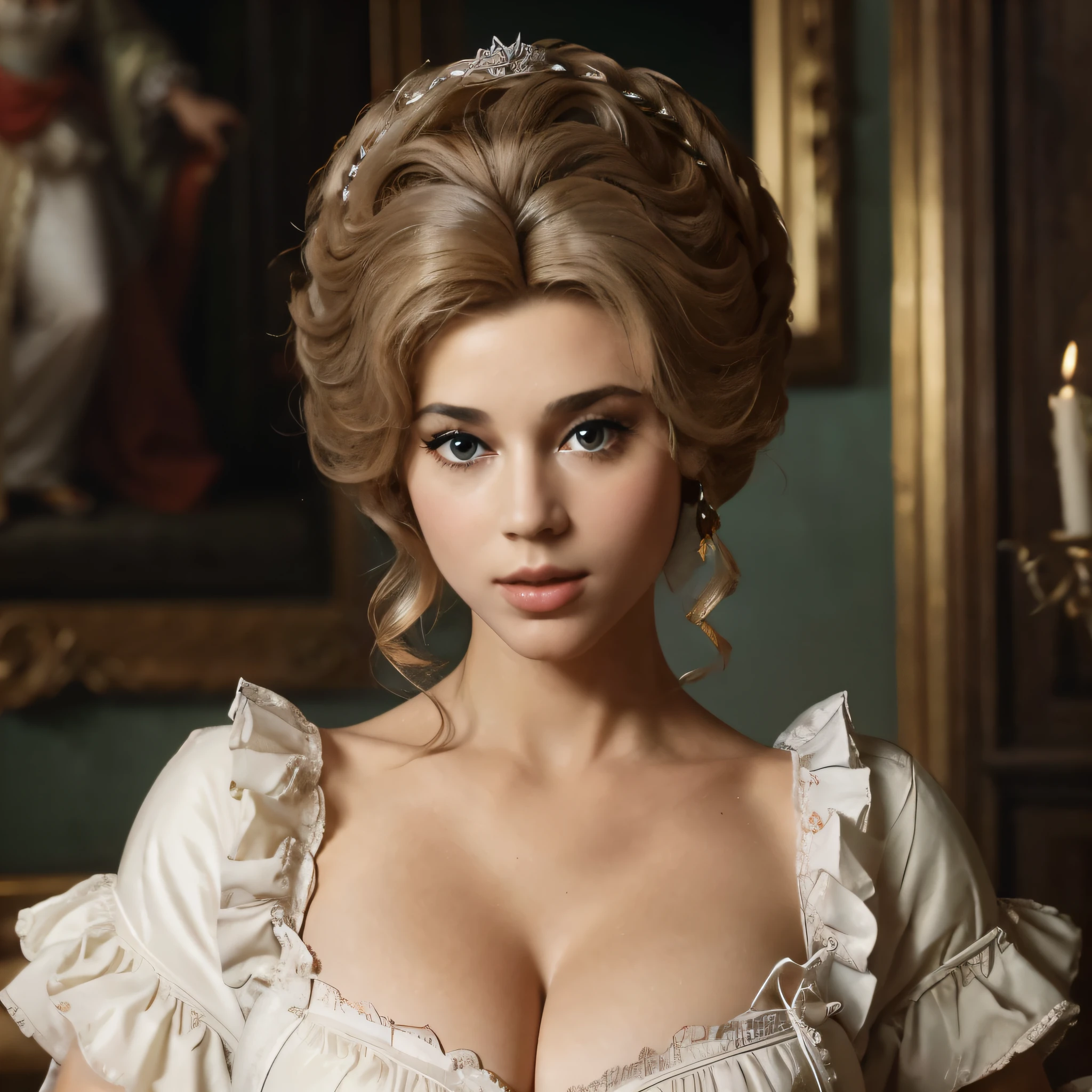 마스터피스, 매우 상세한, 8K, 복잡한 디테일, !(아름다운 여자는 흰색 드레스를 입고 팬 흰색 왕실 가발을 쓴 어린 제인 폰다처럼 보입니다. , 큰 가슴 분열, 앞모습 완전 완벽한 몸매,  마리 앙투아네트 18세기 스타일, 로코코 퀸 (Rococo Queen), Adélaïde Labille-Guiard에서 영감을 받은 작품, 로코코 스타일의 초상화, 로코코 미술 스타일, 애들레이드 라빌 - 길드, 로코코 초상화, 18세기 예술, 로코코 패션)