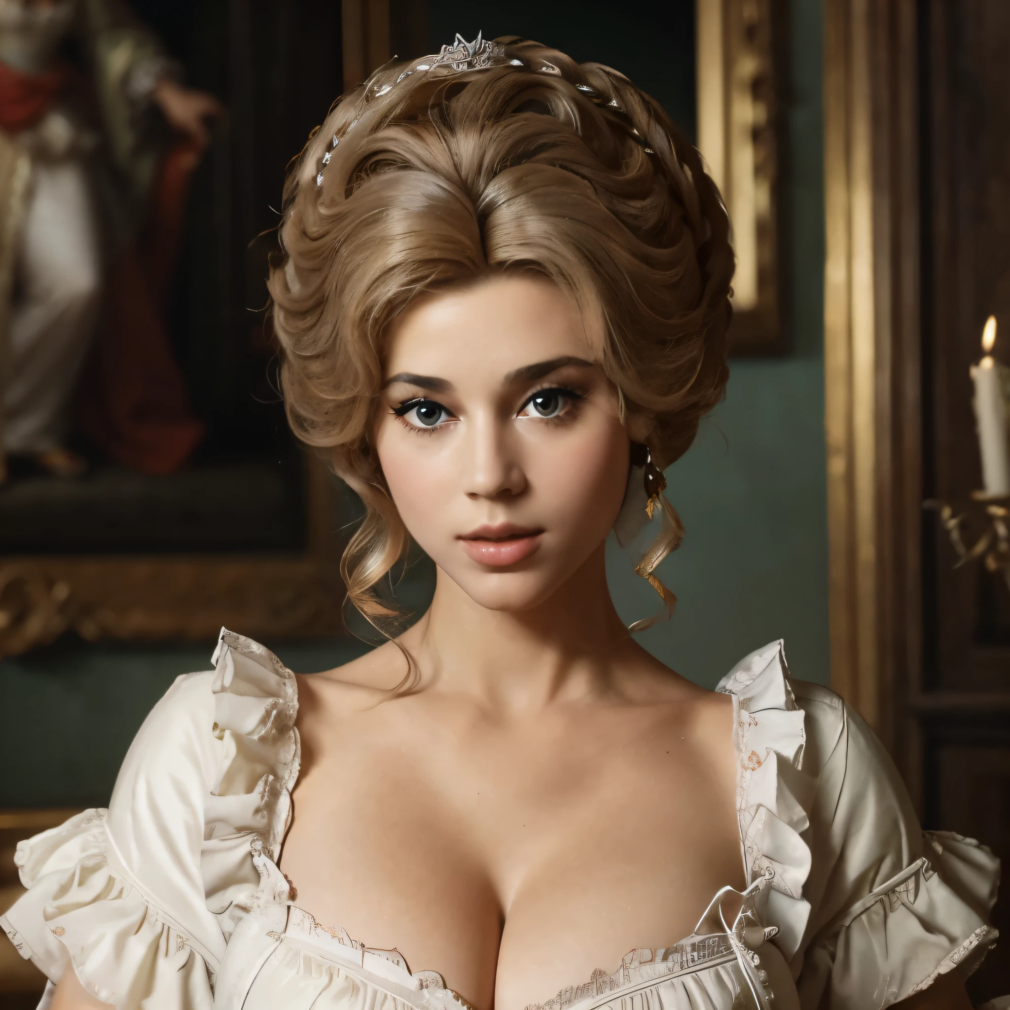 maître de la paix, ultra détaillé, 8k, détail complexe, !(belle femme ressemble à la jeune Jane Fonda dans une robe blanche avec une perruque royale blanche en éventail , gros décolleté de poitrine, corps parfait devant,  Marie-Antoinette style XVIIIe siècle, reine rococo, inspired by Adélaïde Labille-Guiard, portrait de style rococo, Style artistique rococo, adelaide labille - guiard, portrait rococo, art du XVIIIe siècle, mode rococo)