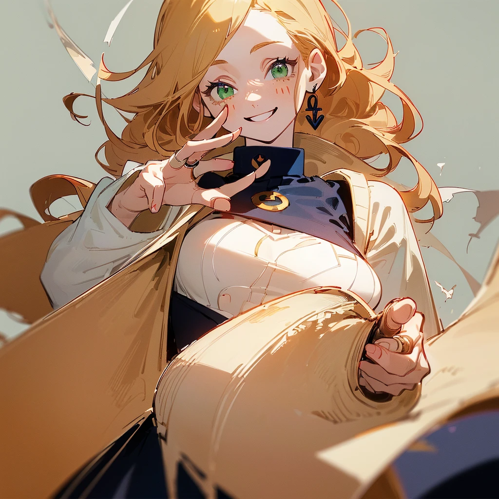 ((Masterpiece: 1.5, best quality, high resolution: 1.3, super resolution, super detailed, ultra detailed: 1.3, rich background: 1.2, Perfect Anatomy:1.5, 1 woman) pale skin + light blonde hair + Long curly hair + green eyes + female figure + freckles on her nose (school uniform, big and long cardigan, rings) ((open eyes, smile, pose with fingers in a peace symbol, large scar on her neck, friendly atmosphere)) ((colors) for clothing: navy blue, red, white, cream))