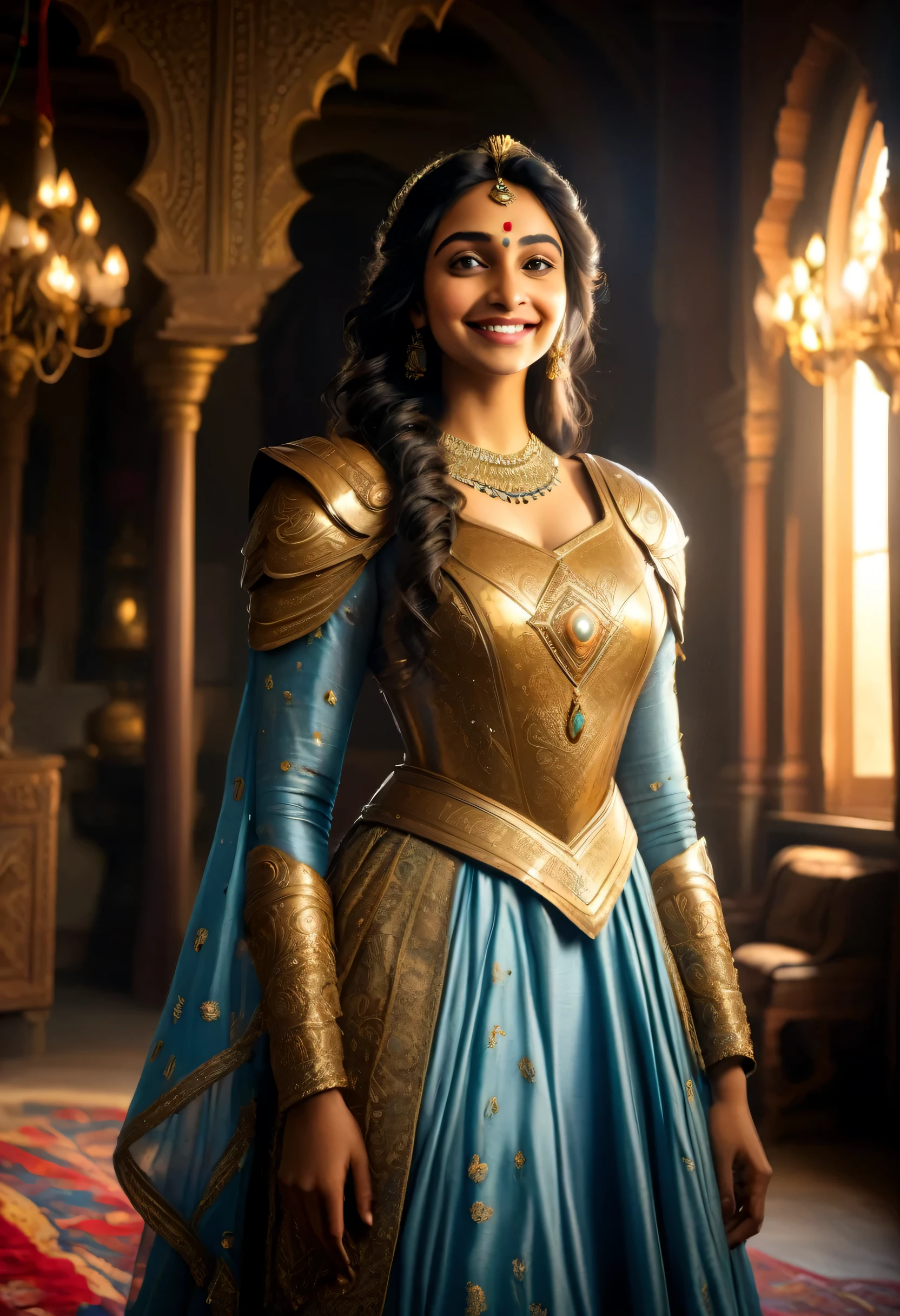 dramatic cinematic light, Renaissance, cluttered room, portrait of a beautiful Indian woman wearing a armored dress, grey dress, detailed skin imperfections, smile of a disney princess