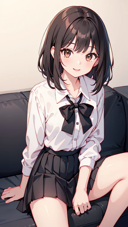 ( High definition, high quality),(1 Female, Black hair, medium length hairstyle, Gradient brown eyes, black eyeliner, thin lips, smile),( High school girl uniform, pleated mini skirt),( Sit down and spread legs)