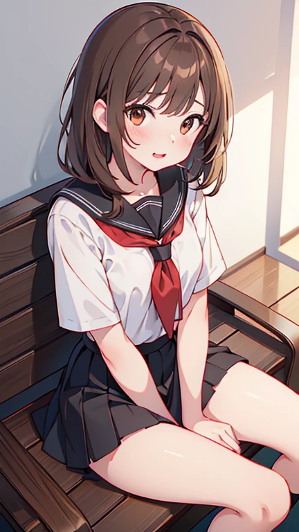 (nsfw, High definition, high quality),(1 Female, Brown hair, medium length hairstyle, Gradient brown eyes, black eyeliner, thin lips, Laugh shyly ),( High school girl uniform, pleated mini skirt),( Arms crossed, Sit down and spread legs)