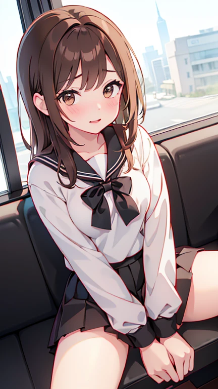 (nsfw, High definition, high quality),(1 Female, Brown hair, medium length hairstyle, Gradient brown eyes, black eyeliner, thin lips, Laugh shyly ),( High school girl uniform, pleated mini skirt),( Arms crossed, Sit down and spread legs)