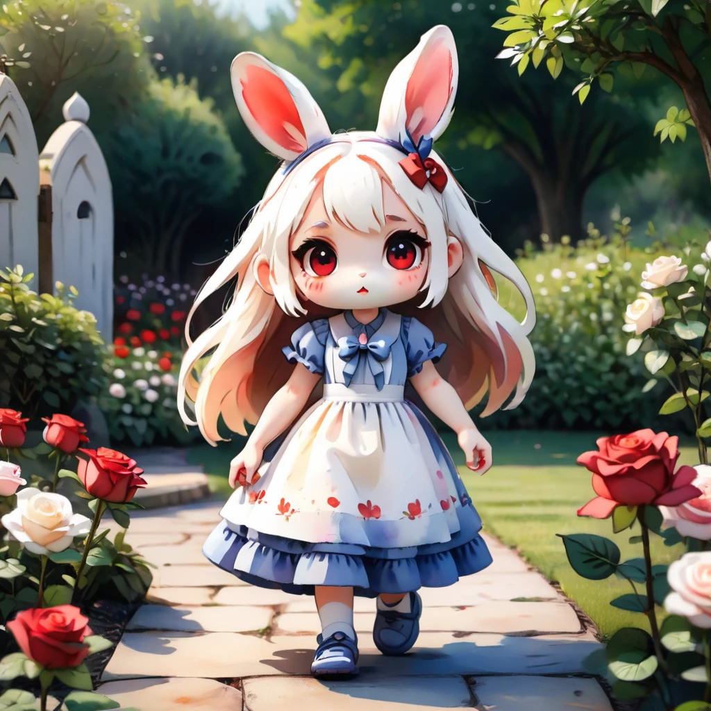 (3D,3D Art),#quality(8k,wallpaper of extremely detailed CG unit, ​masterpiece,hight resolution,top-quality,top-quality real texture skin,hyper realisitic,increase the resolution,RAW photos,best qualtiy,highly detailed,the wallpaper),BREAK,(((solo))),#1rabbit girl(3D Art:2.0,Chibi:2.0,cute,kawaii,small kid,white hair:2.0,long hair:1.6,rabbit ear:2.0,rabbit ear is white:2.0,rabbit ear is fluffy,white dress,red eyes,big eyes,skin color white,big hairbowwalking,from above),BREAK,#background(outside,in the rose garden,gothic decoration,very colorful roses),(3D Art),(when drawing hand draw them very correctly),(chibi:2.0)
