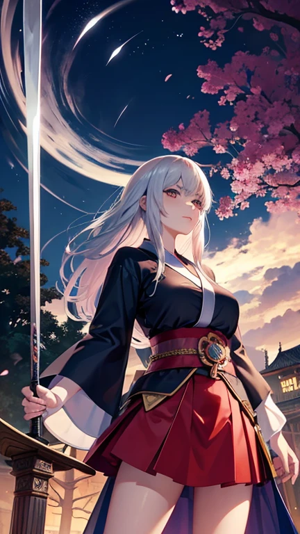 Japanese anime style. woman. middle ages. Europe. fancy. skirt. sword. They stand. whole body. from below.  