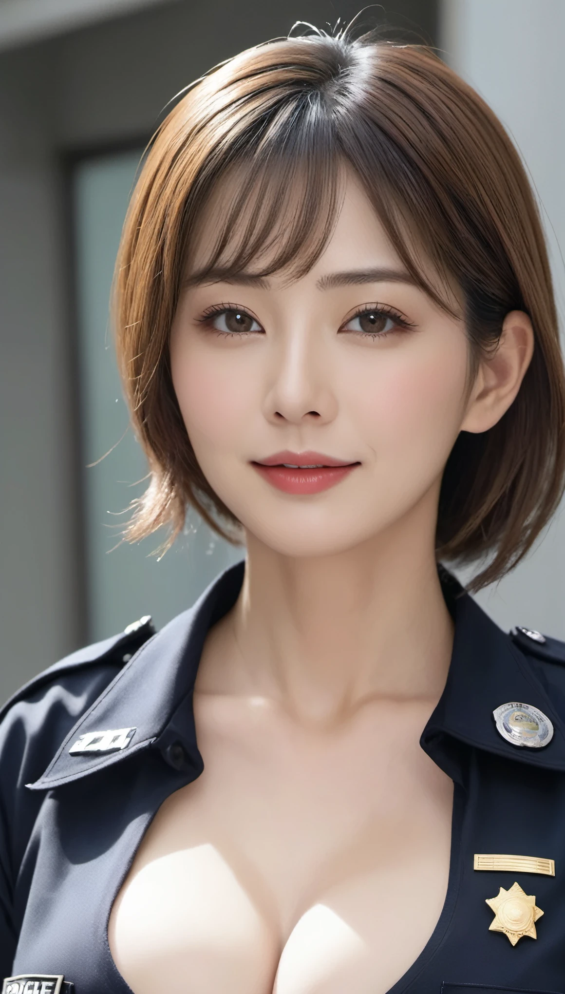 (hyper real)、super futuristic female police officer、(((Beautiful woman)))　High level image quality　High resolution　realistic　(((police uniform)))、short hair、(((big big tits)))、blonde busty woman、mature busty woman、middle aged big woman、(((Very big big tits)))、(((Big big cleavage))),,,,,,、Fine skin texture、超High resolution、realistic、Beautiful smile、beauty of middle age、beautiful expression、detailed skin texture、fine brown eyes、fluffy long hair、Very delicate and fine skin texture、３５old woman police officer、(((big big tits)))、(((I&#39;I&#39;m in a giant futuristic computer room.)))、big breasted female police officer、red lips、(one person)、