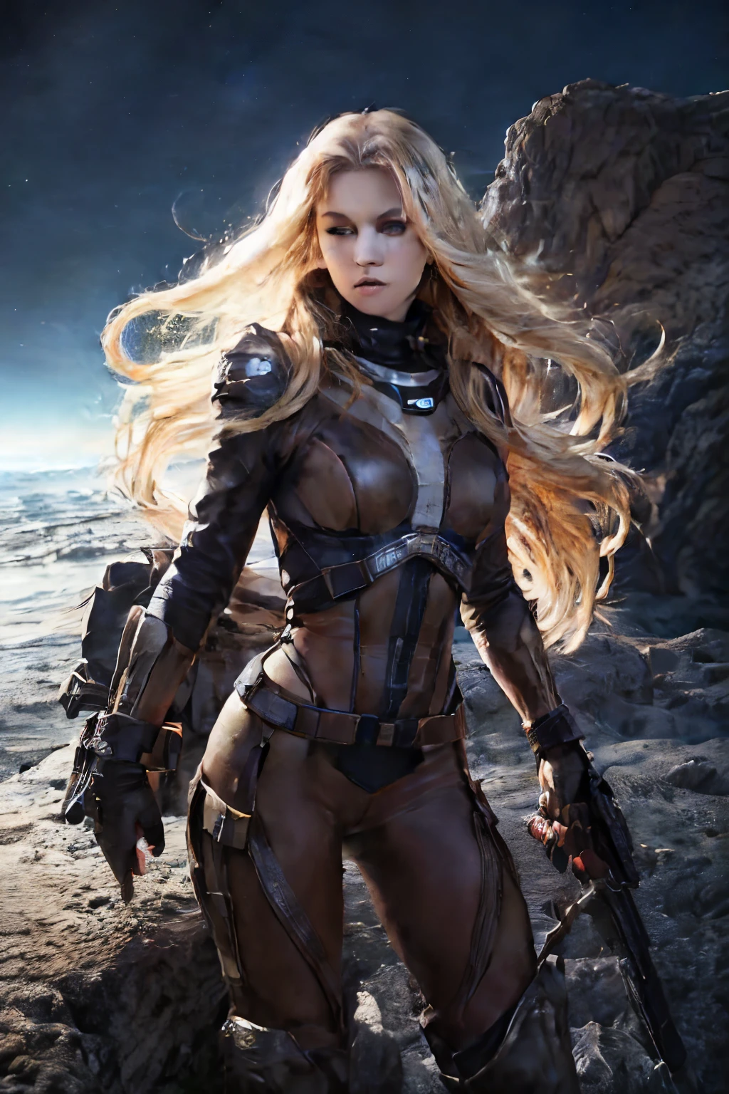 Horny sexy Blonde woman espaço ranger, tiro de corpo inteiro da cabeça aos pés, explorando um planeta de gelo seco, rochoso e quase estéril, correndo 3/4 perfil restante, holding a long barrol multishot espaço hunting rifle, cabelo branco ultra loiro, Cabelo ondulado, cabelo encaracolado, cabelo sexy, seios grandes, vestindo roupas desgastadas e empoeiradas, viseira conversível do capacete abaixada mostrando um lindo rosto hipnotizante, she is wearing a dry dusting looking leather retro hunting  outfit consisting of long brown overcoat leather espaço ranger form fitting body suit and small amounts of future clothing and espaço tech, pose de ação caça, Imagem ultra hiper detalhada com resolução de 36k, fotorrealista, dez, escuridão da noite caçando um animal carnívoro alienígena indescritível noturno.,espaço_Garota,Poeira explosiva