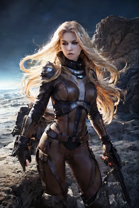 Horny sexy Blonde woman space ranger, full body shot head to toe, exploring a dry rocky almost barren ice planet, running 3/4 pr...