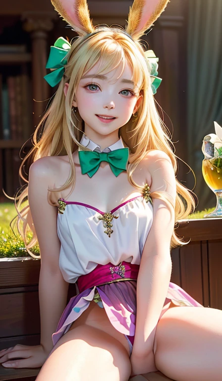 masterpiece, highest quality, Highly detailed CG Unity 8K wallpaper, (Close-up shot of the upper body head of a beautiful girl), , Elegant long straight blonde hair, (McKenna Grace), (flat chest,thighs), (Green Tea) golden (Sparkly Tutu,long rabbit ears headgear, , bow tie, No panties, genitals visible), (spread your legs), (blush), oil skin, (enchanting smile), (wonderland), cute face, key art, Award history, intricate detail realism hdr, by (Luan Jia, Altgerm and Range Murata), photorealism, hyper realism, surreal, dramatic light, intense shadow, Nice views, Depth of the bounds written
 
