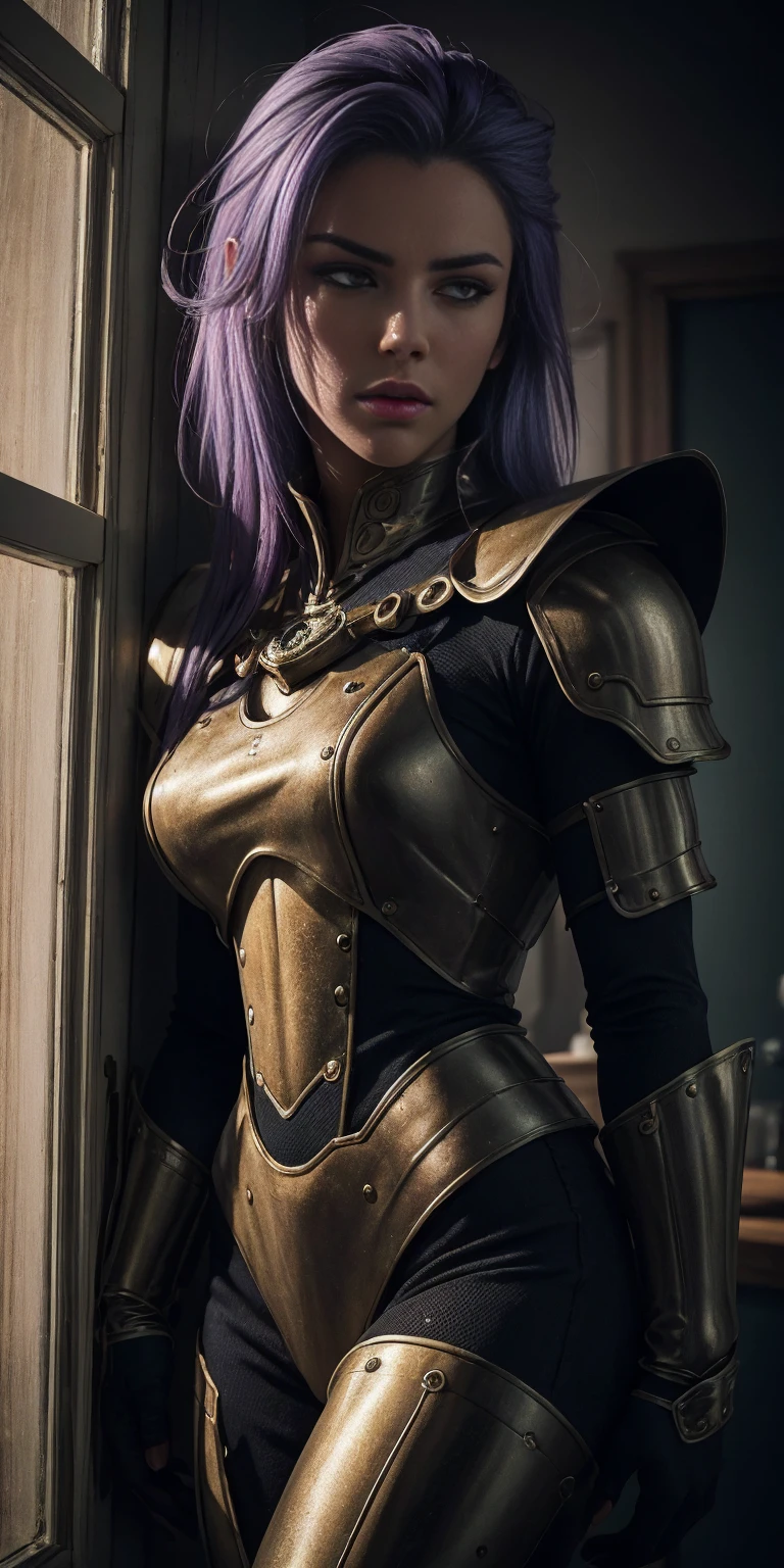 "Amity from Owl House (who is heavily armored) frantically hitting on a two-way window as a viewer walked by, scared and confused, heavily blushing and worried. Medium: Illustration. Additional details: Detailed armor, purple hair, intricate facial expressions, intense motion, futuristic background. (best quality, 4k, highres, masterpiece:1.2), ultra-detailed, (realistic:1.37). Art style: sci-fi. Color tone: Dark and vibrant. Lighting: Dramatic and contrasting shadows."