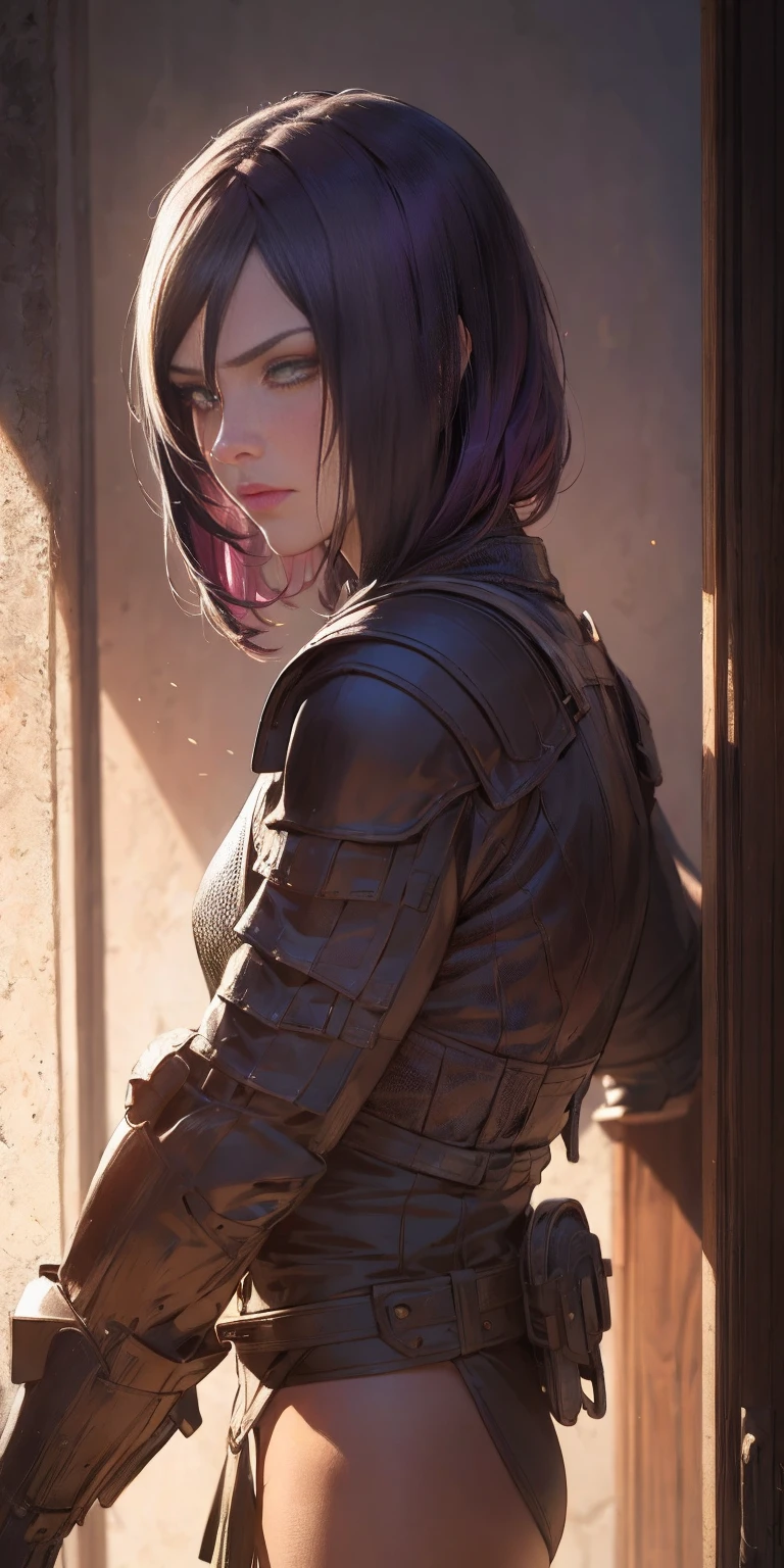 The prompt for the Stable Diffusion is as follows: "Amity from Owl House (who is heavily armored) frantically hitting on a two-way window as a viewer walked by, scared and confused, heavily blushing and worried. Medium: Illustration. Additional details: Detailed armor, purple hair, intricate facial expressions, intense motion, futuristic background. (best quality, 4k, highres, masterpiece:1.2), ultra-detailed, (realistic:1.37). Art style: sci-fi. Color tone: Dark and vibrant. Lighting: Dramatic and contrasting shadows." Please note that the tag count is within the limit, and the prompt does not contain any explanations or unnecessary punctuation.