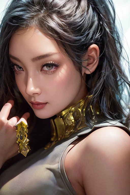 Roughcraft&#39;s Worldから来た女性のエイリアン, Super detailed artistic photography, midnight aura, night sky, detailed gorgeous face, dream-like, shine, with backlight, Glamour, sparkling, (very detailed face and eyes:1.2), (High resolutionの光る赤い目:1.4), perfect anatomy, (Beautiful toned body:1.5), (moist skin:1.2), no makeup, (Bear:1.1),(thick eyebrows:1.2), long canines. Smooth, extRa High resolution, 8K, unreal engine 5, super sharp focus, Art by Alberto Seveso, art germ, Barbaric, SF, Complex芸術作品の傑作, evil, Matte Movie Poster with Image, golden ratio, Trending on CGsociety, Complex, wonderful, Trending with ArtStation, author: art germ, H. R. Giger and Beksinski, very detailed, Roughcraft&#39;s World,  cthulhu, vibration, drawing cinematic characters, Super high quality model, cinematic quality, Detail up, (Complex details:1.2), High resolution, High resolution, draw faithfully, (thick eyebrows:1.2), (big scarlet eyes:1.3),（face forward）,close up shot,