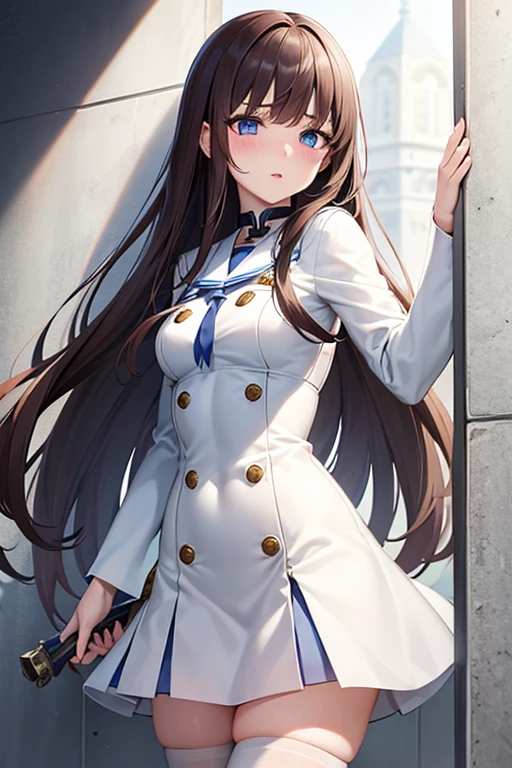 alone / 1 girl，brown hair、waist length hair、blue eyes、beautiful eyes，delicate eyes，droopy eyes，beautiful lips，beautiful lips，white sailor suit，firearm，Put your back against the wall，Holding the weapon with both hands，white knee high socks，