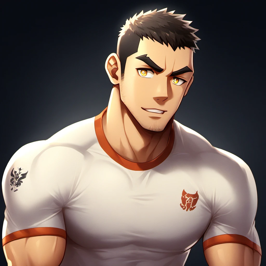 アニメキャラクター：ギー, フィットネスコーチ, 1 筋肉質 tough guy, 男らしさ, 男性中心, SKINSブランドのスポーツタイトTシャツ, わずかに透明, 筋肉質 male, 筋肉質, のみ, 上半身, 一人で, 黒のショートヘア, 太い眉毛, 無精ひげ, 黄色い目, 黒背景, シンプルな背景, 素晴らしい品質, 最高の美学, ばかげている, 明るい瞳, クルーカット, 唇を離した, 恥ずかしい, 無理やり笑顔, 影を落とす, 最高品質