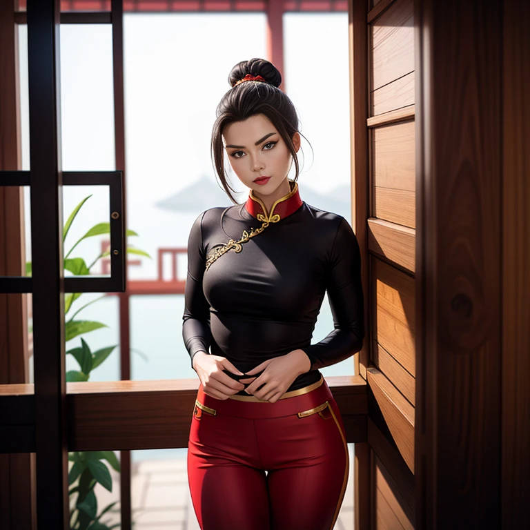 Masterpiece, best quality, detailed face, Azula, black hair, single hair bun, red long-sleeved top, red pants, black boots, posing in Chinese house, looking at viewer, neutral face