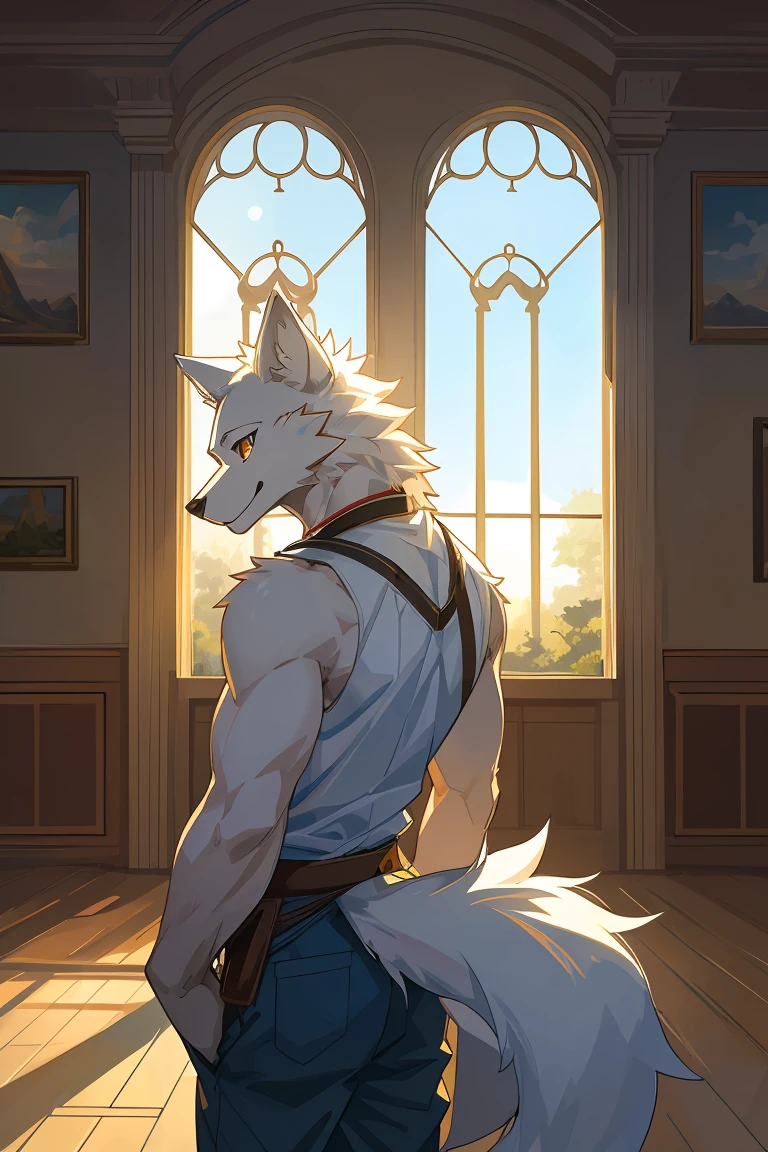 cover, high resolution, top quality, best quality, Paid rewards available, Unparalleled masterpiece, perfect work of art, Ridiculous, High quality illustrations, 超high resolution, Detailed background, perfect anatomy(1 boy, alone, Kanno, White furry wolf human,)In a room with many windows,movie lighting