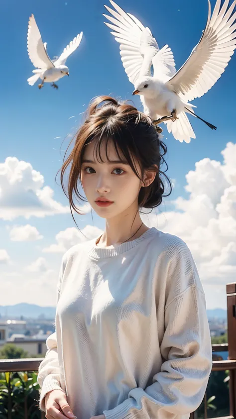 (best quality,4k,8k,high resolution,masterpiece:1.2), the girl in the clouds has hair as fluffy as clouds,bird overhead，soft swe...