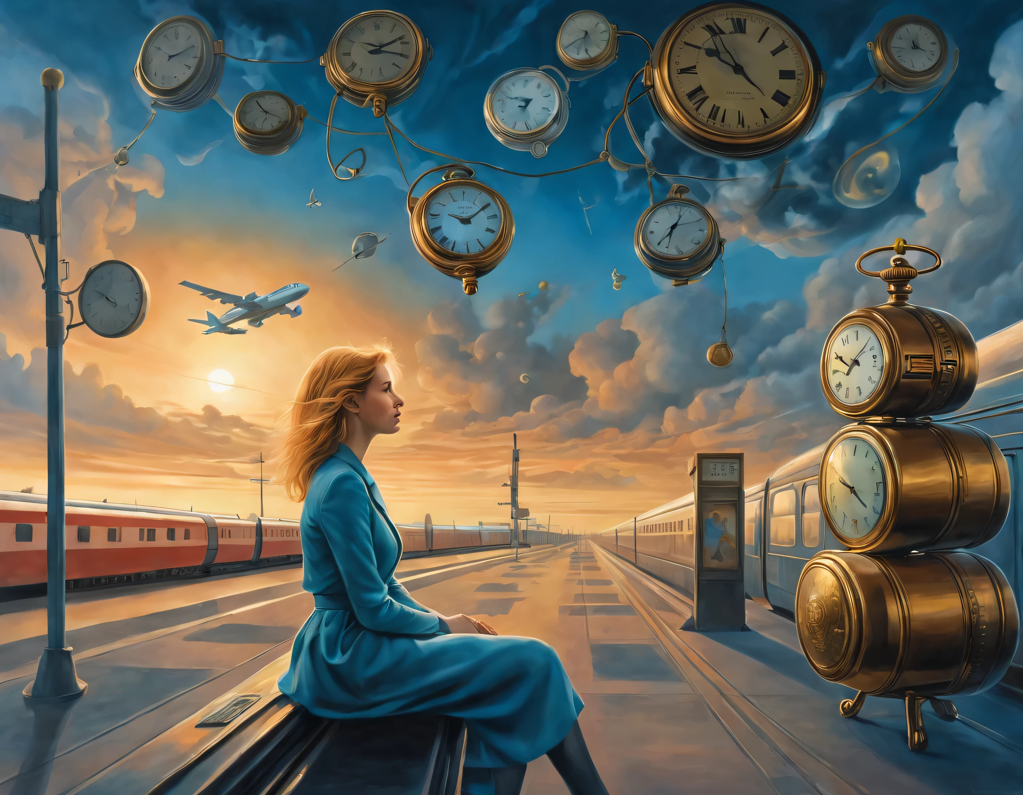 Surrealism and Post-Impressionism pastel drawing of a waiting honey-haired Svetlana Maltseva in multi-exposure, sitting on pocket watches, airport and train station signage, airplane trains, travelers standing on clouds waiting for their flight, and families, gathered waiting at the edge of the universe, intertwined with high-contrast volumetric shadows, sharp focus, hyper-detailed like the works of Greg Rutkowski, Beeple, Beksinski and Giger, a multi-layered composition that emphasizes waiting over time.