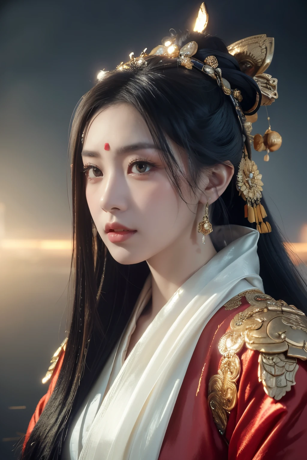 Game art，The best picture quality，Highest resolution，8K，((A bust photograph))，((Portrait))，((Head close-up))，(Rule of thirds)，Unreal Engine 5 rendering works， (The Girl of the Future)，(Female Warrior)， 22 year old girl，(Ancient Chinese women)，(Rainbow hair，Ancient Oriental hairstyle)，((The pupils of the red eyes:1.3))，(A beautiful eye full of detail)，(Big breasts)，(Eye shadow)，Elegant and charming，indifferent，((Anger))，(A silk coat with ancient Chinese style，Bellyband，The clothes are decorated with patterns with Chinese characteristics，A flash of jewellery，White)，(The clothes are made of silk:1.5)，figure，fantasy style， photo poses，city background，Movie lights，Ray tracing，Game CG，((3D Unreal Engine))，OC rendering reflection pattern