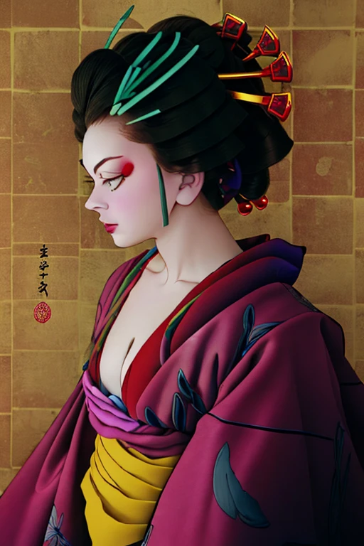 split color hair,Ichiro, 1 girl, alone, blue eyes, sharp eyes, black hair, hair ornaments, flower魁飾りHairpin, holding, cleavage, medium breasts, flower, kimono, kimono, off shoulder, nail polish, compensate, lipstick, yellow background, red nails, eye shadow, holding flower, Hairpin, Hairpin, comb,