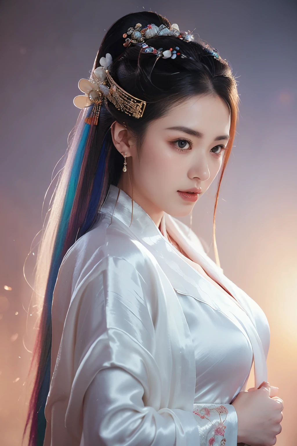 Game art，The best picture quality，Highest resolution，8K，((A bust photograph))，((Portrait))，((Head close-up))，(Rule of thirds)，Unreal Engine 5 rendering works， (The Girl of the Future)，(Female Warrior)， 2 girl，(Ancient Chinese women)，(Rainbow hair，Ancient Oriental hairstyle)，((The pupils of the red eyes:1.3))，(A beautiful eye full of detail)，(Big breasts)，(Eye shadow)，Elegant and charming，indifferent，((Anger))，(A silk coat with ancient Chinese style，Bellyband，The clothes are decorated with patterns with Chinese characteristics，A flash of jewellery，White)，(The clothes are made of silk:1.5)，figure，fantasy style， photo poses，city background，Movie lights，Ray tracing，Game CG，((3D Unreal Engine))，OC rendering reflection pattern