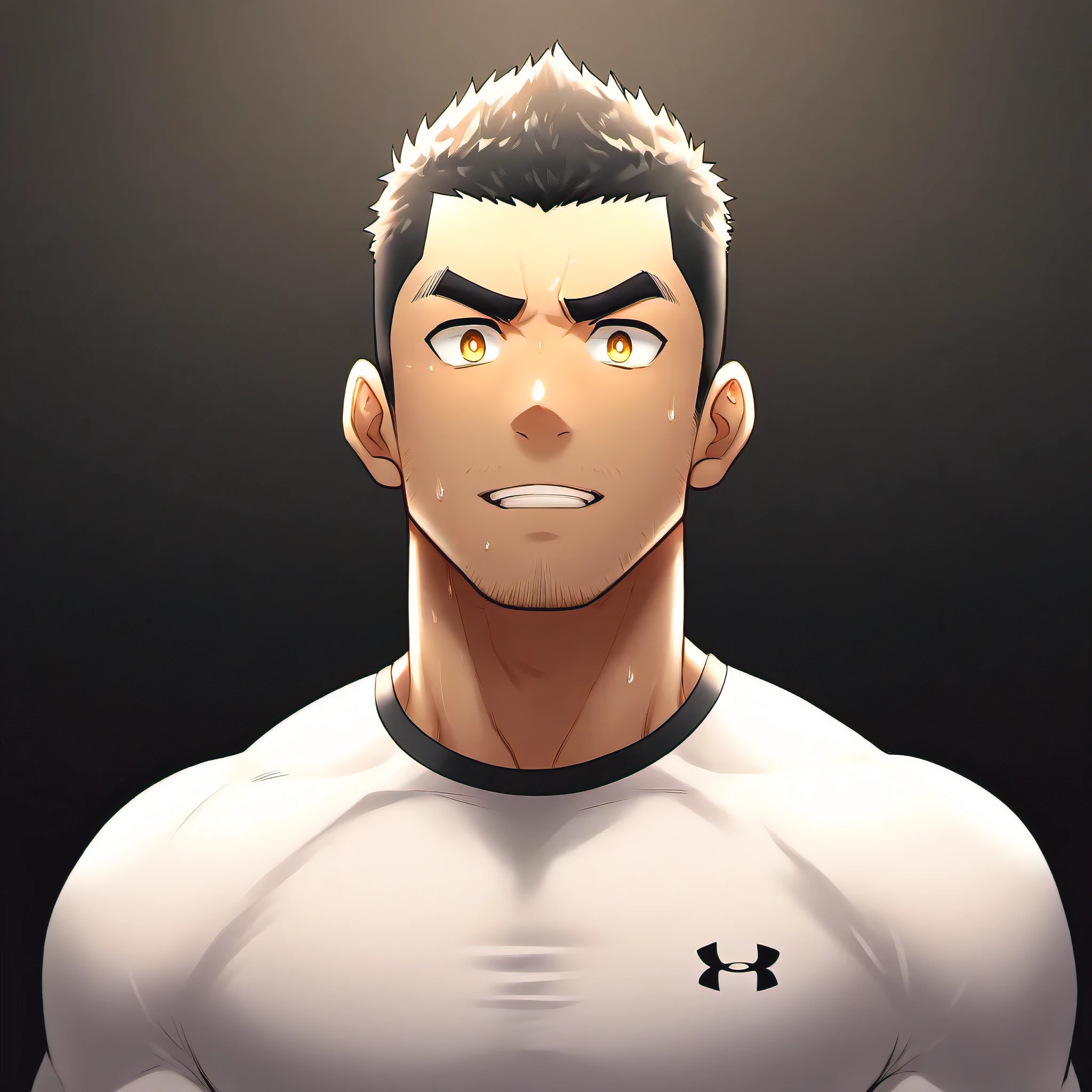 personajes de anime：gye, pag.Y. maestro, 1 joven musculoso, enfoque masculino, Camiseta deportiva ajustada Under Armour, Ligeramente transparente, Medias empapadas de sudor, muscular male, muscular, solo, Parte superior del cuerpo, alone, pelo corto negro, cejas gruesas, rastrojo, Ojos amarillos, Fondo negro, fondo sencillo, calidad increíble, Mejor estetica, Ridículo, pupilas brillantes, Corte de equipo, Labios partidos, avergonzado, sonrisa forzada, mejor calidad