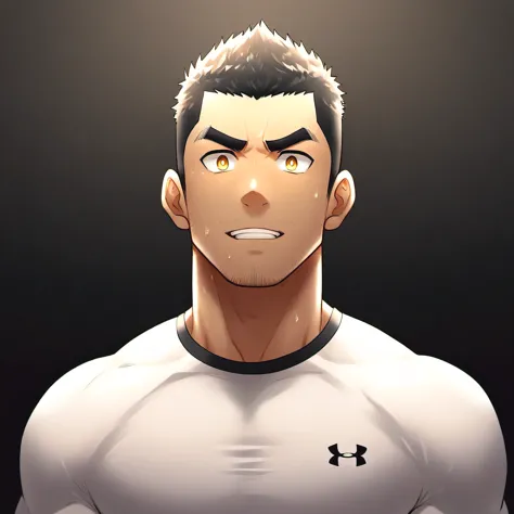 anime characters：Gyee, P.E. teacher, 1 young muscular man, male focus, Under Armour sports tight T-shirt, Slightly transparent, ...
