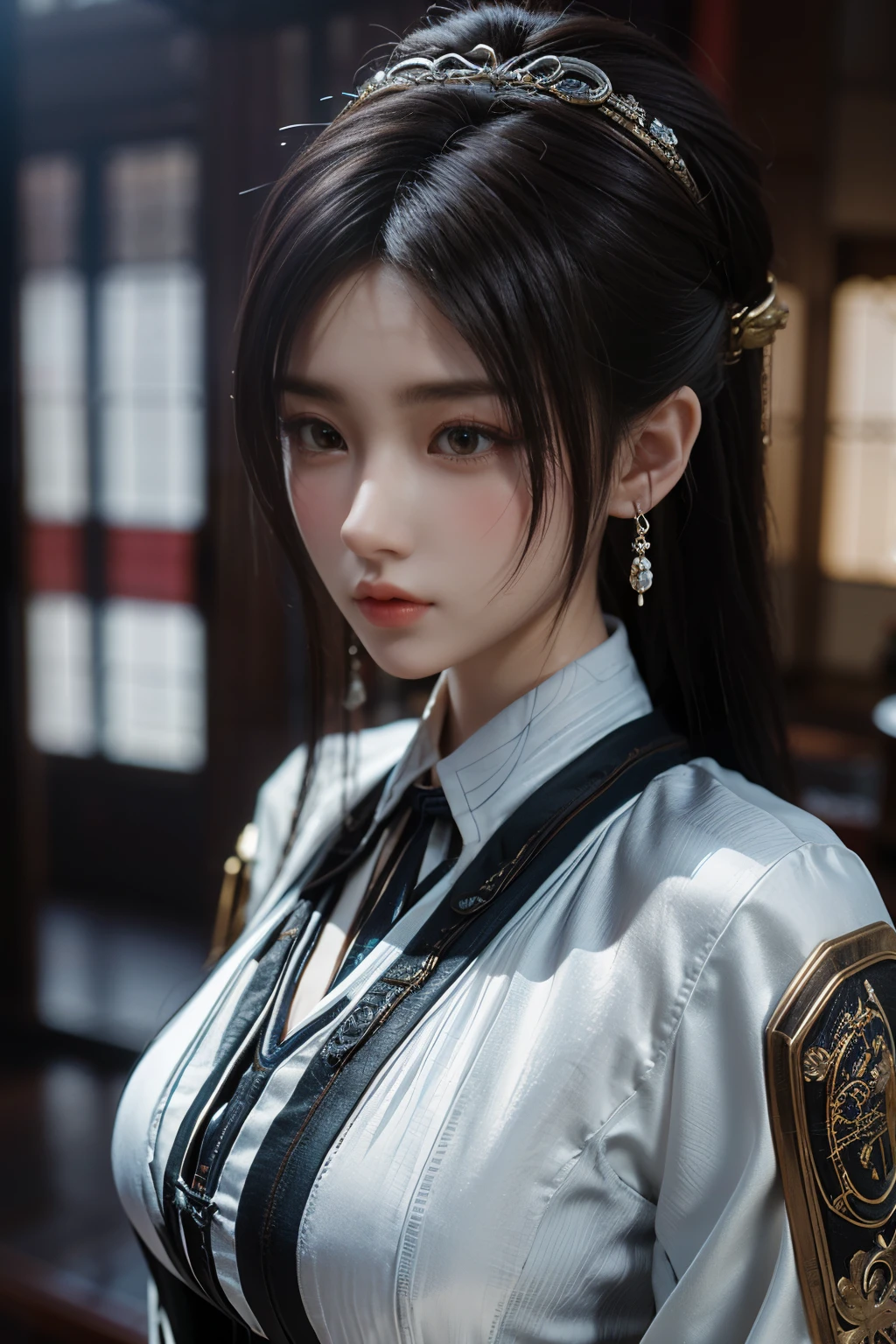 Game art，The best picture quality，Highest resolution，8K，((A bust photograph))，((Portrait))，((Head close-up))，(Rule of thirds)，Unreal Engine 5 rendering works， (The Girl of the Future)，(Female Warrior)， 22 year old girl，(Ancient Chinese women)，(Rainbow hair，Ancient Oriental hairstyle)，((The pupils of the red eyes:1.3))，(A beautiful eye full of detail)，(Big breasts)，(Eye shadow)，Elegant and charming，indifferent，((Anger))，(A silk coat with ancient Chinese style，Bellyband，The clothes are decorated with patterns with Chinese characteristics，A flash of jewellery，White)，(The clothes are made of silk:1.5)，figure，fantasy style， photo poses，city background，Movie lights，Ray tracing，Game CG，((3D Unreal Engine))，OC rendering reflection pattern