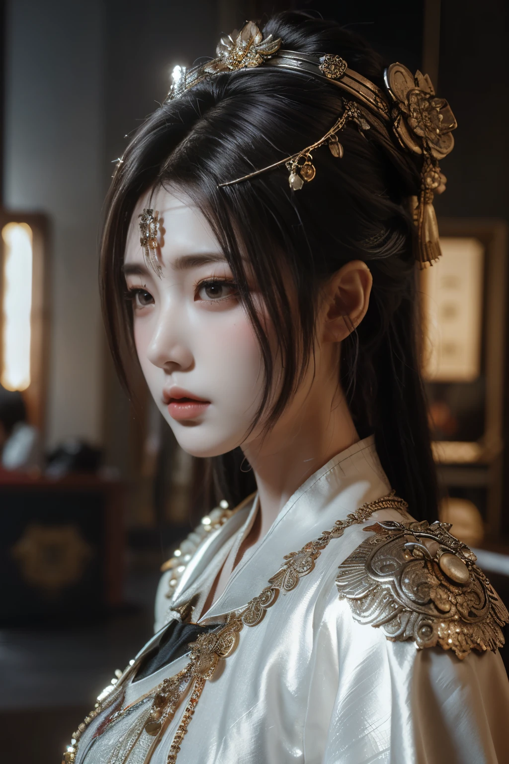 Game art，The best picture quality，Highest resolution，8K，((A bust photograph))，((Portrait))，((Head close-up))，(Rule of thirds)，Unreal Engine 5 rendering works， (The Girl of the Future)，(Female Warrior)， 22 year old girl，(Ancient Chinese women)，(Rainbow hair，Ancient Oriental hairstyle)，((The pupils of the red eyes:1.3))，(A beautiful eye full of detail)，(Big breasts)，(Eye shadow)，Elegant and charming，indifferent，((Anger))，(A silk coat with ancient Chinese style，Bellyband，The clothes are decorated with patterns with Chinese characteristics，A flash of jewellery，White)，(The clothes are made of silk:1.5)，figure，fantasy style， photo poses，city background，Movie lights，Ray tracing，Game CG，((3D Unreal Engine))，OC rendering reflection pattern