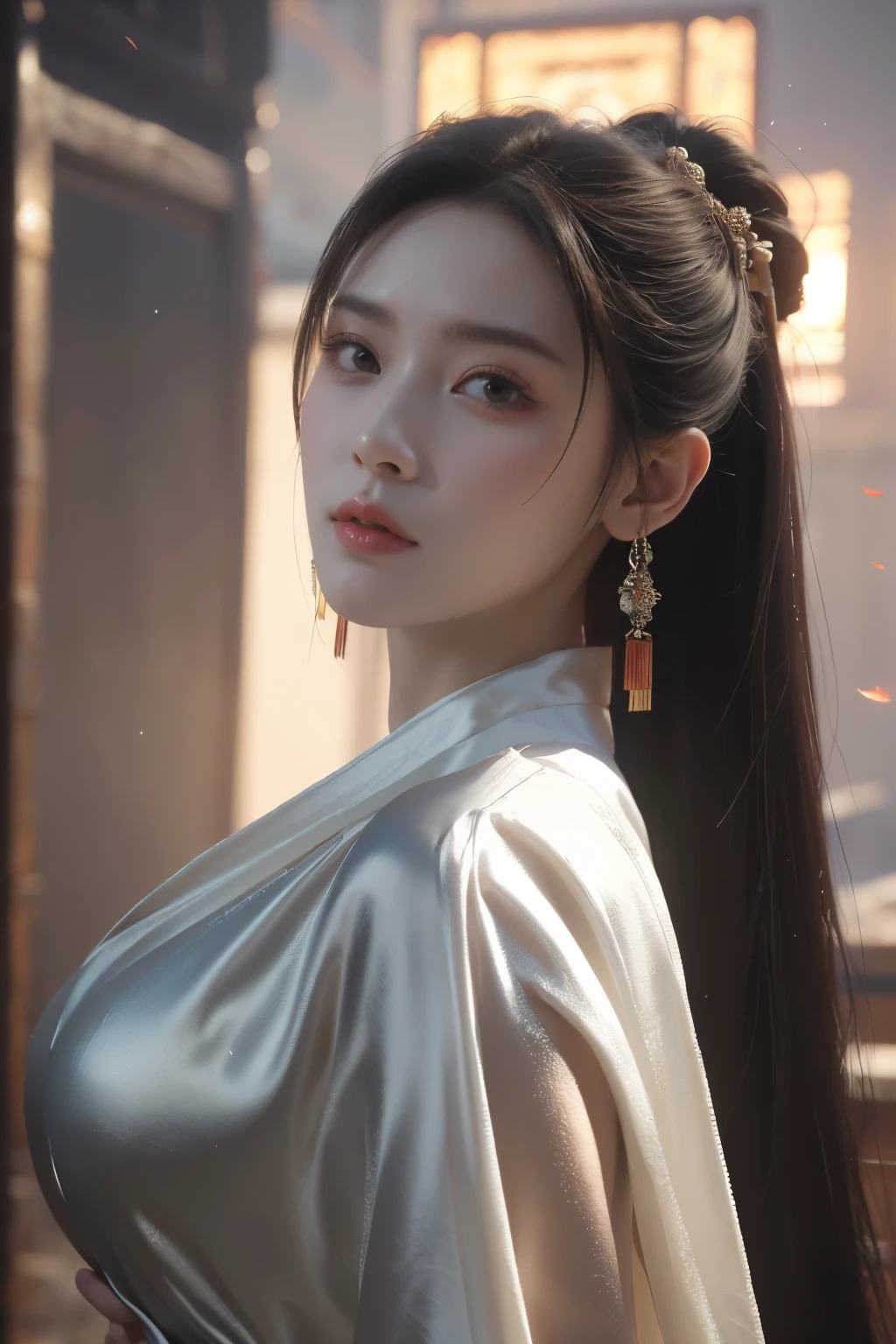 Game art，The best picture quality，Highest resolution，8K，((A bust photograph))，((Portrait))，((Head close-up))，(Rule of thirds)，Unreal Engine 5 rendering works， (The Girl of the Future)，(Female Warrior)， 22 year old girl，(Ancient Chinese women)，(Rainbow hair，Ancient Oriental hairstyle)，((The pupils of the red eyes:1.3))，(A beautiful eye full of detail)，(Big breasts)，(Eye shadow)，Elegant and charming，indifferent，((Anger))，(A silk coat with ancient Chinese style，Bellyband，The clothes are decorated with patterns with Chinese characteristics，A flash of jewellery，White)，(The clothes are made of silk:1.5)，figure，fantasy style， photo poses，city background，Movie lights，Ray tracing，Game CG，((3D Unreal Engine))，OC rendering reflection pattern