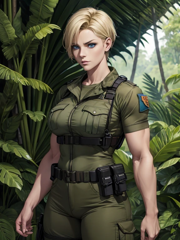 Belle femme aux cheveux blonds courts et aux yeux bleus, au corps musclé, portant un haut militaire et un pantalon, avec un visage sérieux dans la jungle 