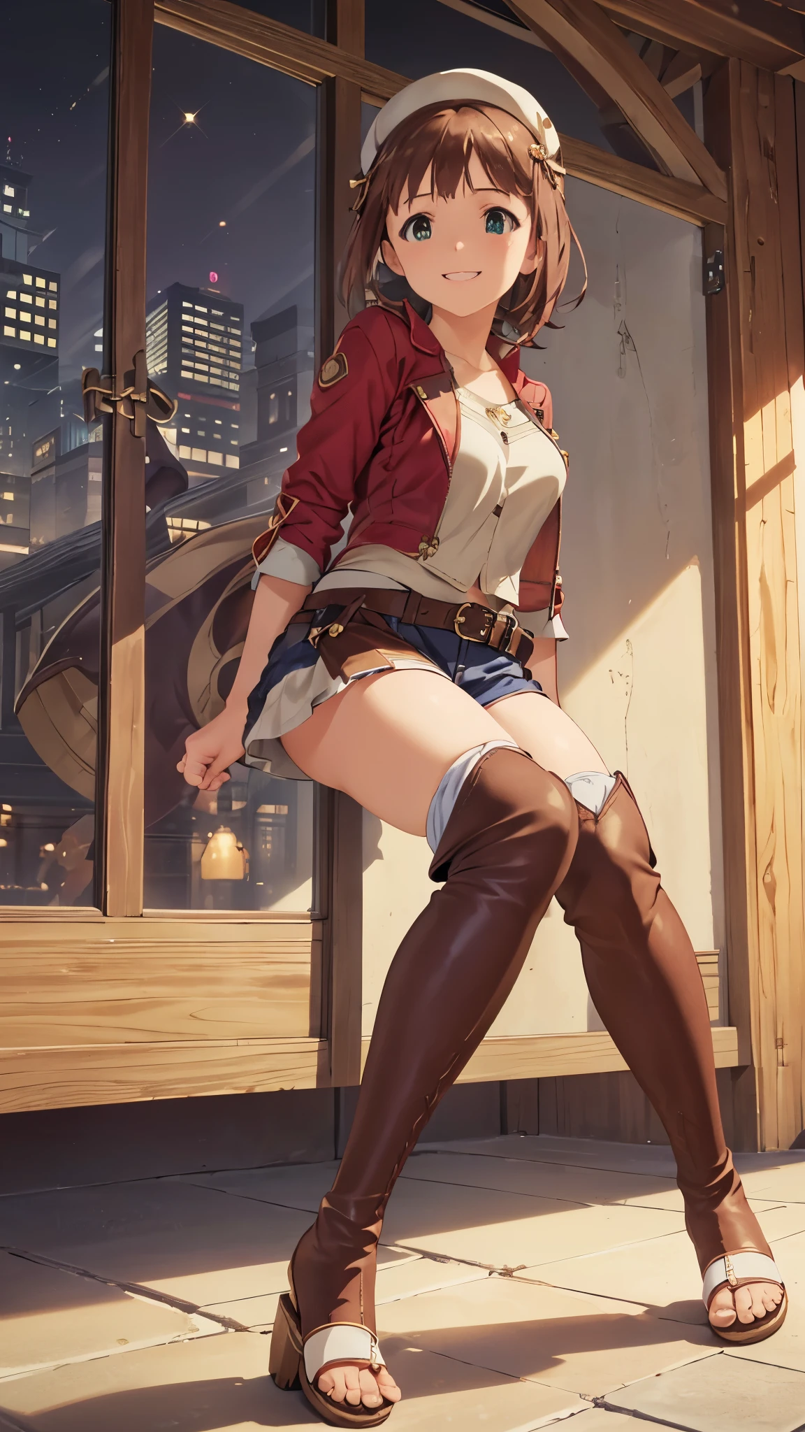 CG, unity, 8k, wallpaper, highest quality, masterpiece, 1 girl, haruka amami, idol pose, smile, view audience, (Knee-high boots that expose your toes like sandals: 1.5), thighs, sexy, best lighting, complex pupils, complex textile, realistic skin texture, detailed background, (In a Western-style fantasy city), outdoors