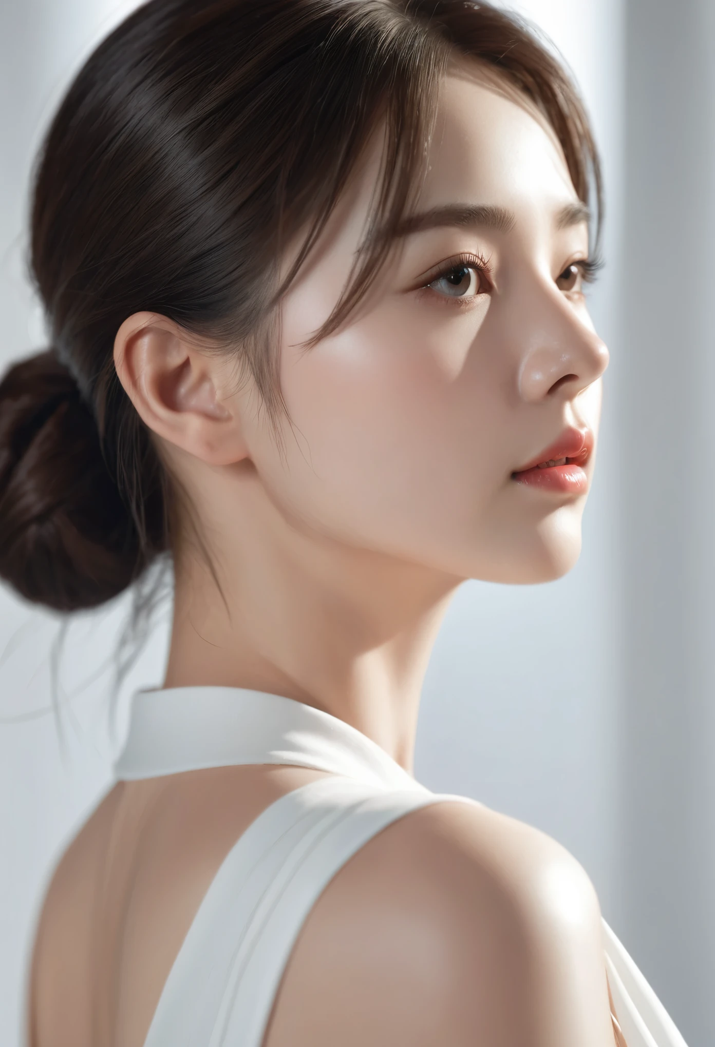 ((Best Quality, 8K )),  A young cute profile woman, photorealistic, side view, portrait, ultra realistic, high detailed, high detailed skin, high quality, white dress,high detailed skin, high quality, delicate eyes, double eyelids,