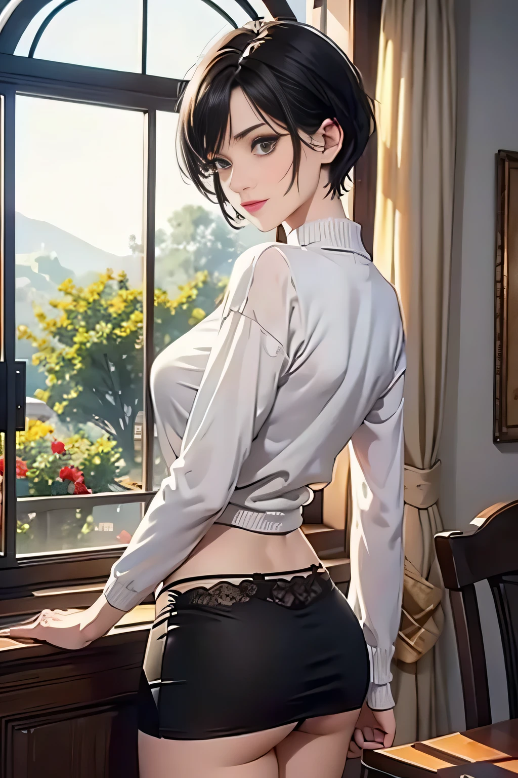 Anime girl in black shorts and white shirt posing by a window - SeaArt AI