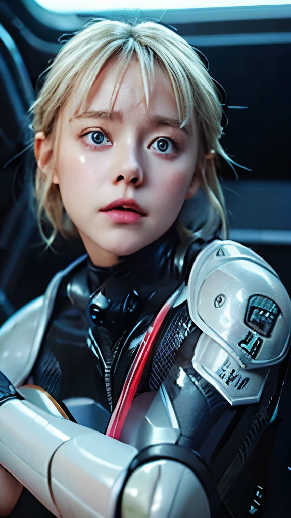 A short straight silky blonde haired sweden girl, bang, bright blue eyes, , young, pale skin, frightened, insecure expression, Ultra high res, uhd, (photorealistic:1.4), doll-like face, in spaceship, wearing futuristic spacesuit, carrying futuristic laser gun, sweaty