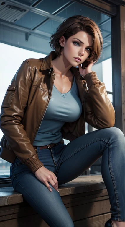 Beautiful short pixie brown hair woman blue eyes athletic body perfect breasts wearing brown aviator jacket blue jeans sitting on building in the rain sad face crying eyes 