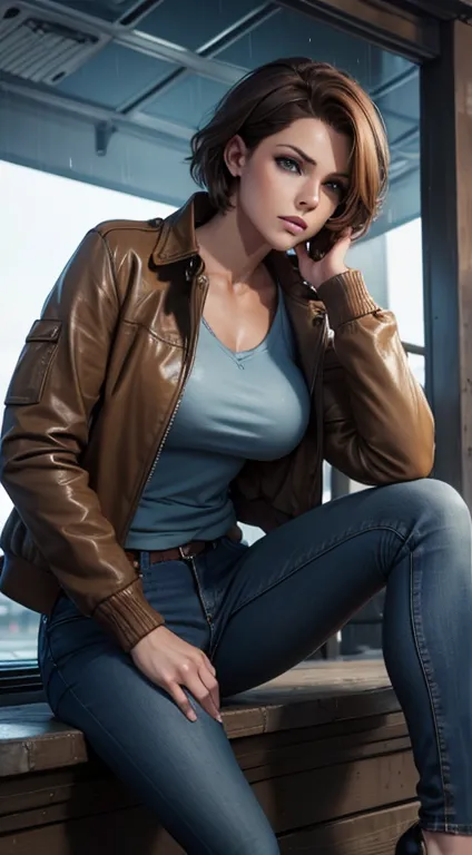 Beautiful short pixie brown hair woman blue eyes athletic body perfect breasts wearing brown aviator jacket blue jeans sitting o...